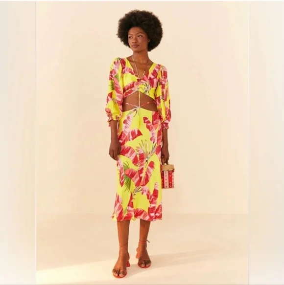 Farm Rio, Sweet Jungle Lime Crop‎ Top, Lime Yellow/Red/Pink, Size XS - Picture 2 of 16